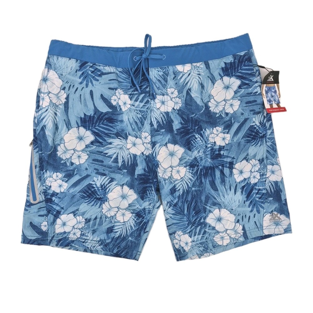 ZeroXposur Men's XL Swim Trunks Blue Tropical Hibiscus Floral Board Shorts NWT